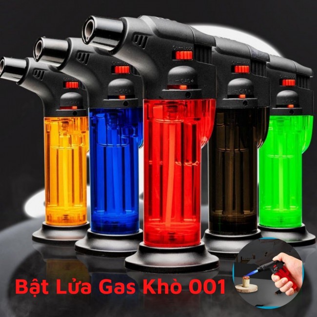 Bật Lửa Gas Khò 1 Tia 001 Thân Trong Suốt Nhiều Màu Lửa Mạnh Chống Gió - Tặng Kèm Đế Bật Lửa