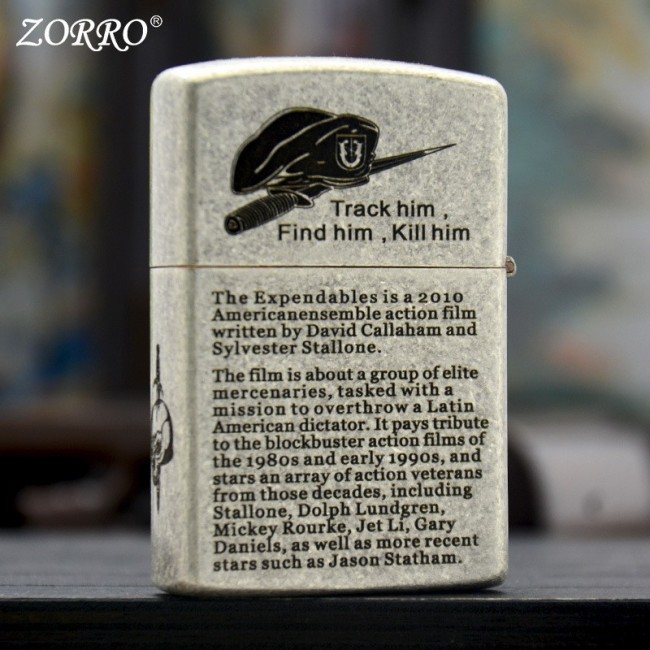 Bật Lửa Zippo Zorro Bạc Cổ The Expendables Khắc 6 Mặt ( Xài Xăng - Có Hộp ) 