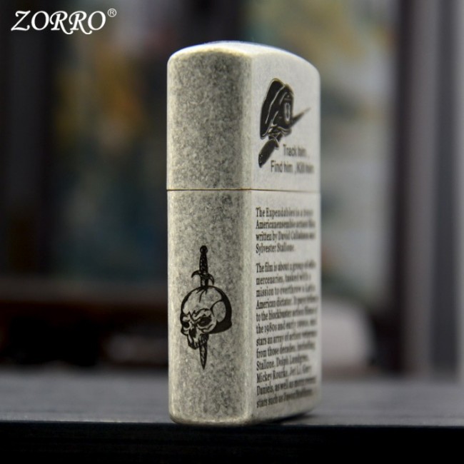 Bật Lửa Zippo Zorro Bạc Cổ The Expendables Khắc 6 Mặt ( Xài Xăng - Có Hộp ) 