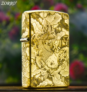 Bật Lửa Zippo Zorro Khắc 5 Mặt Cá Chép Hóa Rồng Đồng Nguyên Khối ( Có Hộp ) 