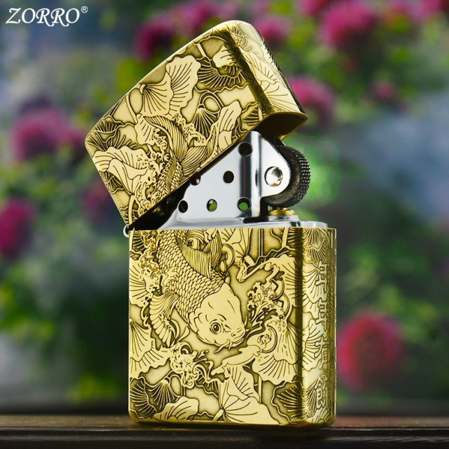 Bật Lửa Zippo Zorro Khắc 5 Mặt Cá Chép Hóa Rồng Đồng Nguyên Khối ( Có Hộp ) 