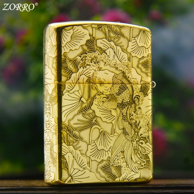 Bật Lửa Zippo Zorro Khắc 5 Mặt Cá Chép Hóa Rồng Đồng Nguyên Khối ( Có Hộp ) 