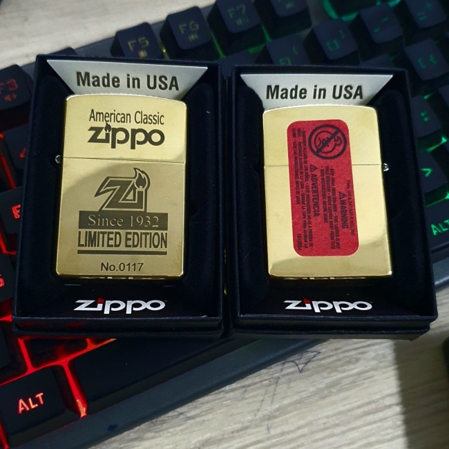 Bật Lửa Zippo Mỹ Đồng American Classic Đời E-XVI ( Ruột Vàng , Có Tem Đỏ , Fullbox)