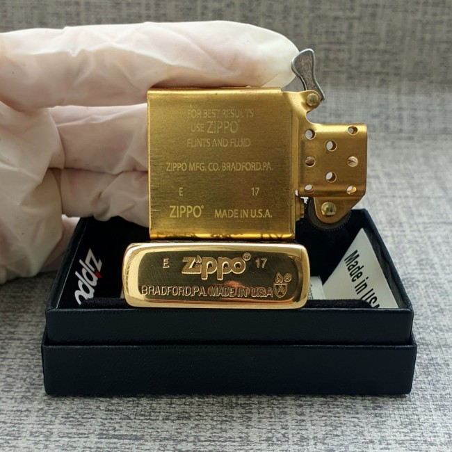 Bật Lửa Zippo Armor Vàng Trơn Bóng Đồng Nguyên Khối Vỏ Dày Trùng Đời 17 - Có Hộp - Tem Đỏ