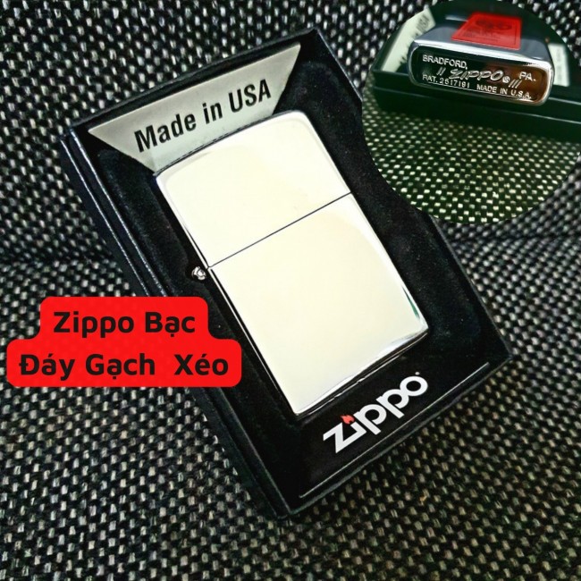 Bật Lửa Zippo Bạc Bóng Mộc Đáy Chữ Ngược Gạch Xéo Năm 1977 - Có Hộp - Tem Đỏ