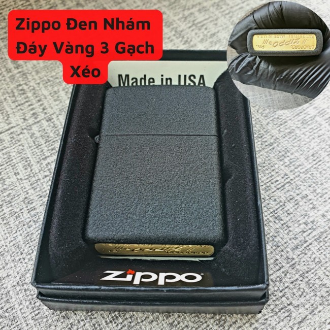 Bật Lửa Zippo Đen Nhám Mộc Đáy Vàng Chữ Ngược Gạch Xéo Năm 1977 - Có Hộp - Tem Đỏ