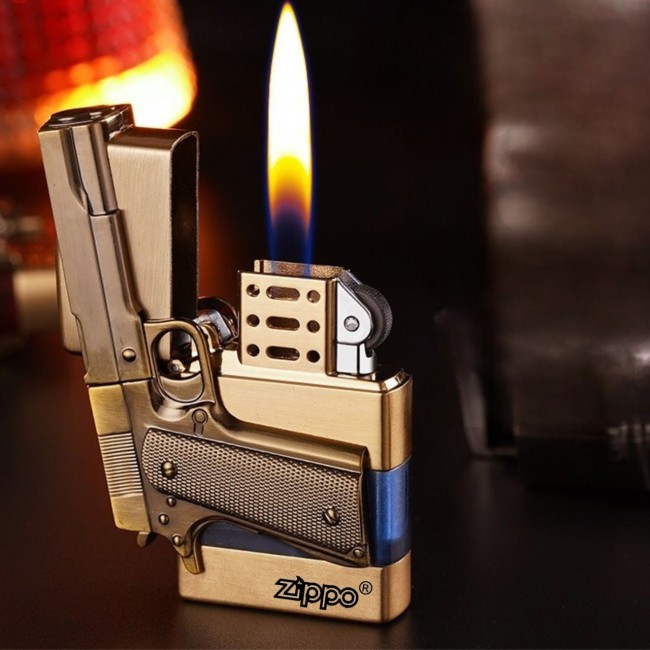 Bật Lửa Zippo Gas Đá Lộ Thiên Mô Hình Súng ( Xài Gas - Lửa Thường ) Màu Vàng - Đen