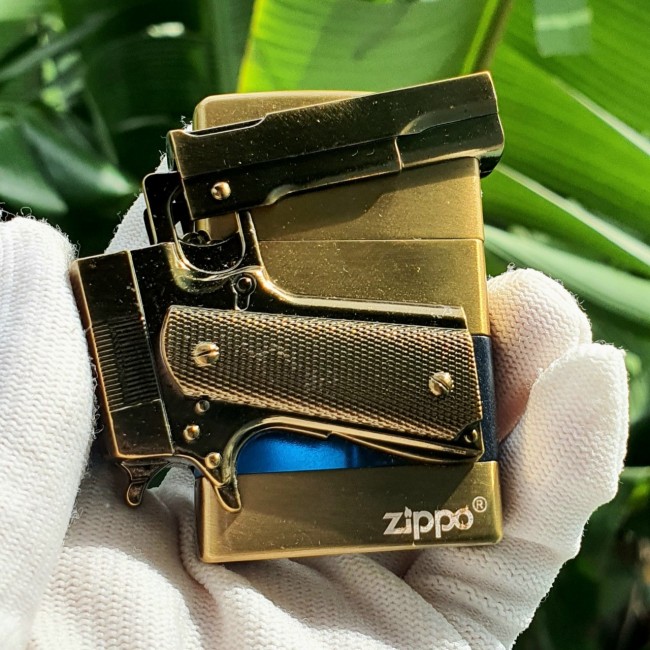 Bật Lửa Zippo Gas Đá Lộ Thiên Mô Hình Súng ( Xài Gas - Lửa Thường ) Màu Vàng - Đen