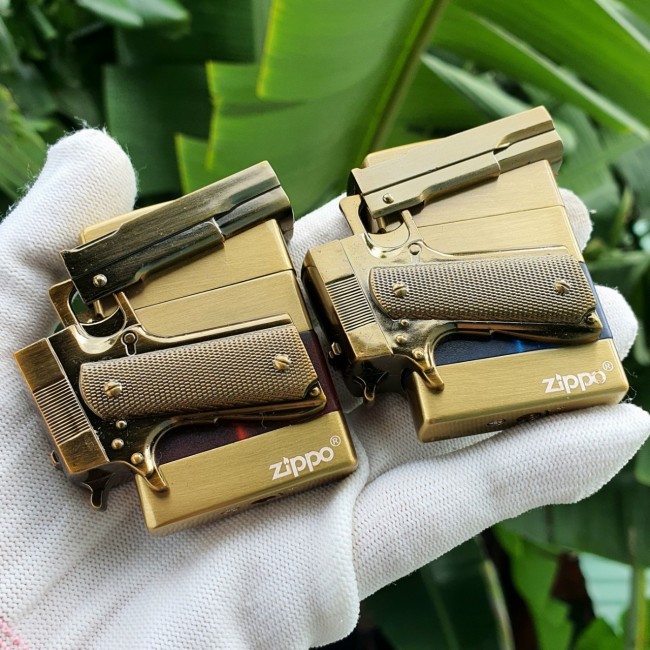 Bật Lửa Zippo Gas Đá Lộ Thiên Mô Hình Súng ( Xài Gas - Lửa Thường ) Màu Vàng - Đen