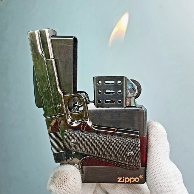 Bật Lửa Zippo Gas Đá Lộ Thiên Mô Hình Súng ( Xài Gas - Lửa Thường ) Màu Vàng - Đen