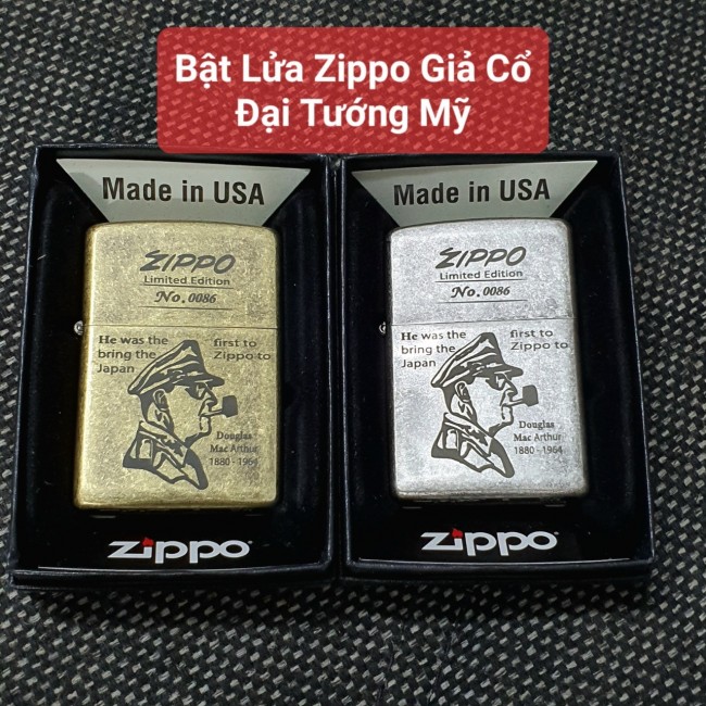 Bật Lửa Zippo Bạc Giả Cổ Đại Tướng Mỹ Đáy Dập Đời E2000-XVI ( Có Tem Đỏ ) KÈM HỘP Tặng Kèm Xăng Mini