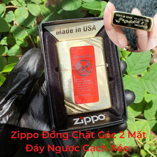 Bật Lửa Zippo Đồng Chặt Góc 2 Mặt Đáy Dập Ngược Gạch Xéo Đời 1977 Ruột Vàng ( Có Tem Đỏ - Fullbox )