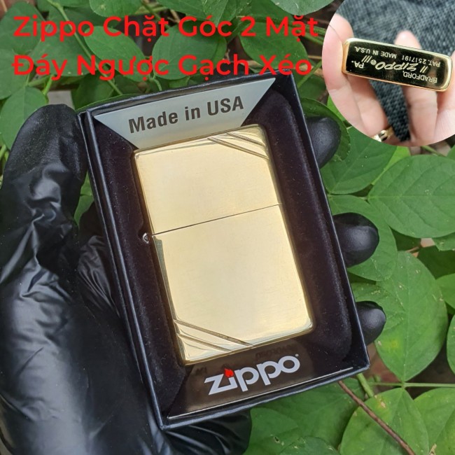 Bật Lửa Zippo Đồng Chặt Góc 2 Mặt Đáy Dập Ngược Gạch Xéo Đời 1977 Ruột Vàng ( Có Tem Đỏ - Fullbox )