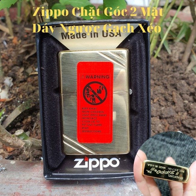 Bật Lửa Zippo Đồng Chặt Góc 2 Mặt Đáy Dập Ngược Gạch Xéo Đời 1977 Ruột Vàng ( Có Tem Đỏ - Fullbox )