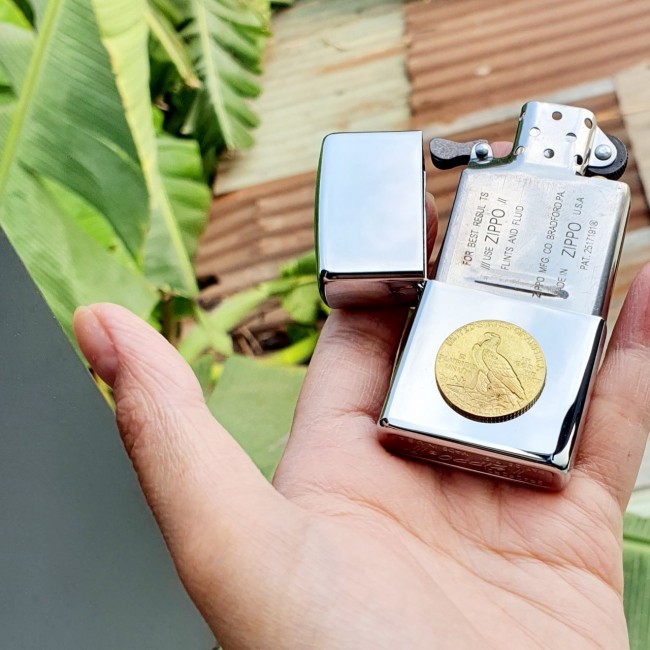 Bật Lửa Zippo Bạc Five Dollars Mộc Đáy Ngược Gạch Xéo 3 Gạch 1977