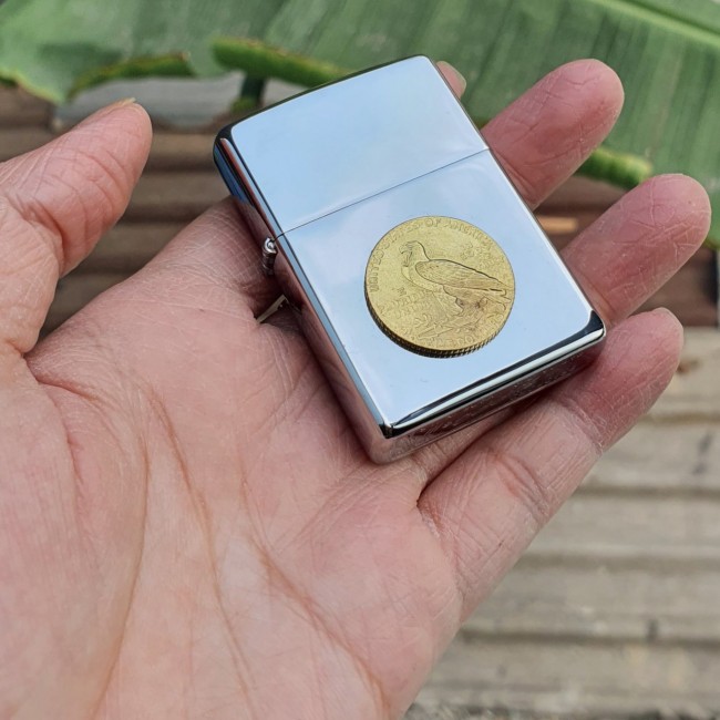 Bật Lửa Zippo Bạc Five Dollars Mộc Đáy Ngược Gạch Xéo 3 Gạch 1977