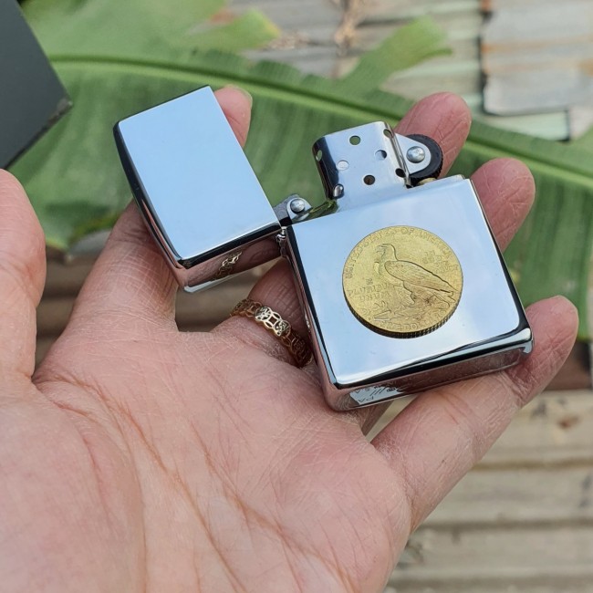 Bật Lửa Zippo Bạc Five Dollars Mộc Đáy Ngược Gạch Xéo 3 Gạch 1977