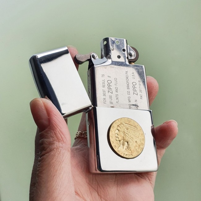 Bật Lửa Zippo Bạc Five Dollars Mộc Đáy Ngược Gạch Xéo 3 Gạch 1977